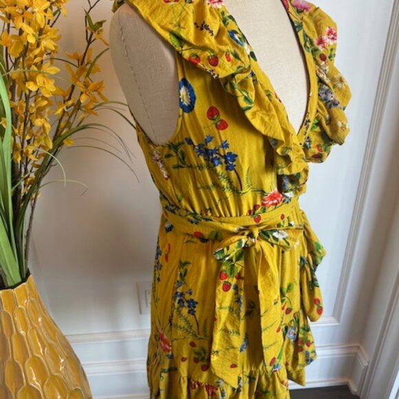 Anthropologie Maeve Floral Faux Wrap strawberry Gold Mustard Yellow Dress - Picture 11 of 16